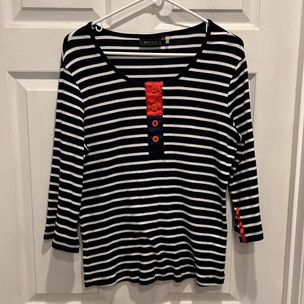 ORLY Striped 3/4 Sleeve Round Neck Top Women's‎ Large Red White Blue Coastal
